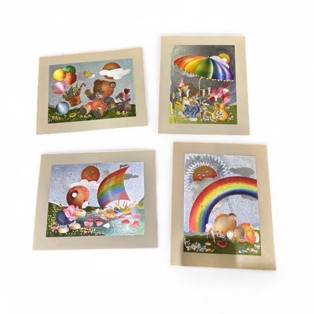 RARE Vintage 80s Holographic Bear Nursery prints set of 4